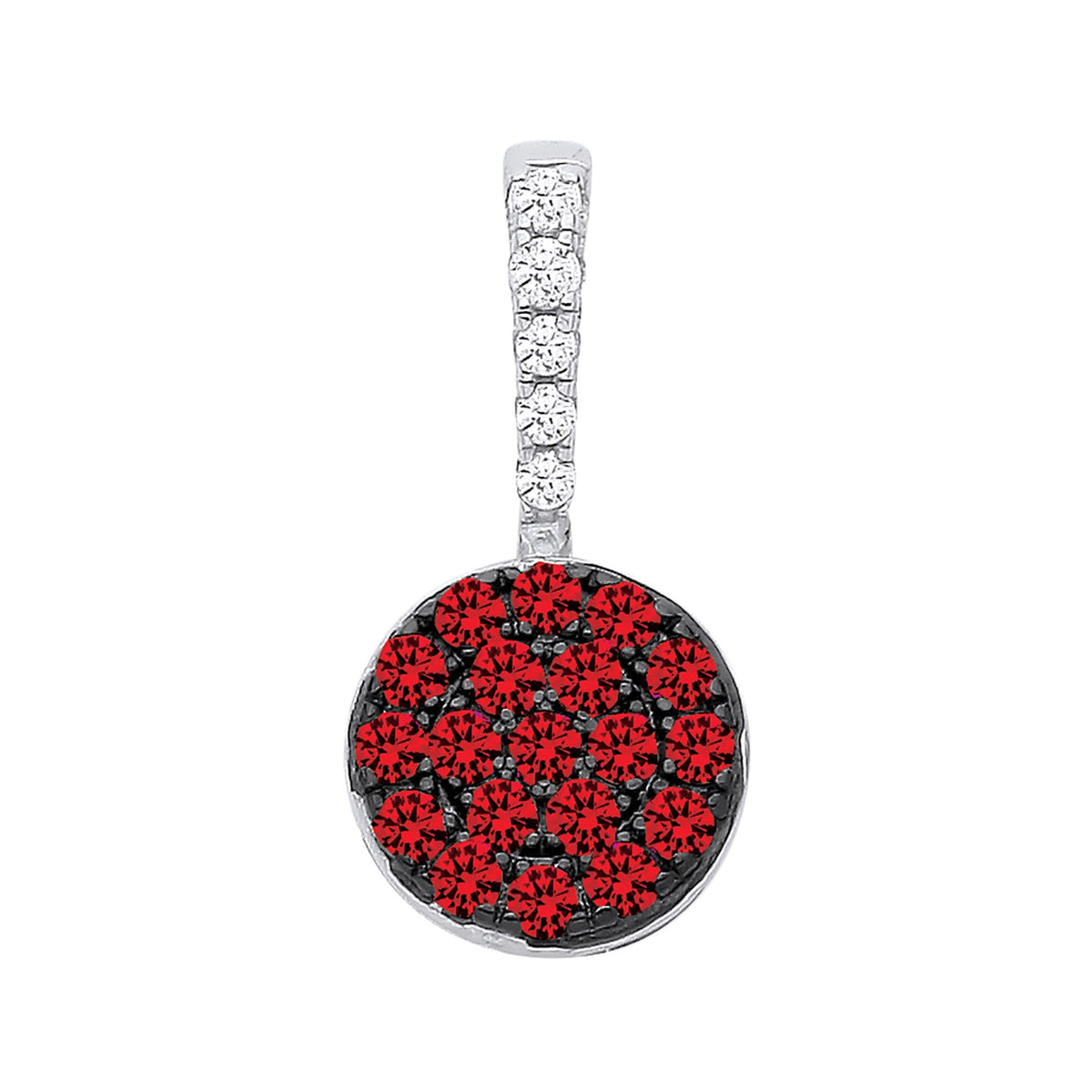 Sterling silver pendant features a simulated ruby cluster, black rhodium finish, and a bail set with stones.