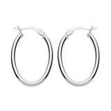 Silversmiths sterling silver oval hoop earrings, 24.75mm, plain design with hinged clasps on a white background.