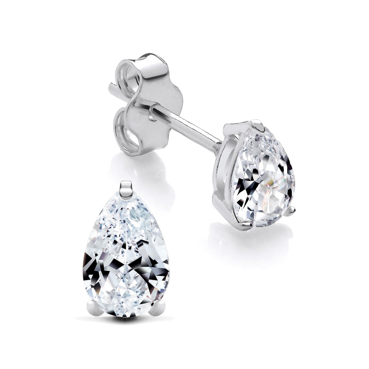 Sterling silver teardrop CZ studs, 6x4mm, set in prongs, displayed against a plain white background.
