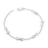 Sterling silver bracelet by Silversmiths with four infinity symbols spaced along a delicate chain.