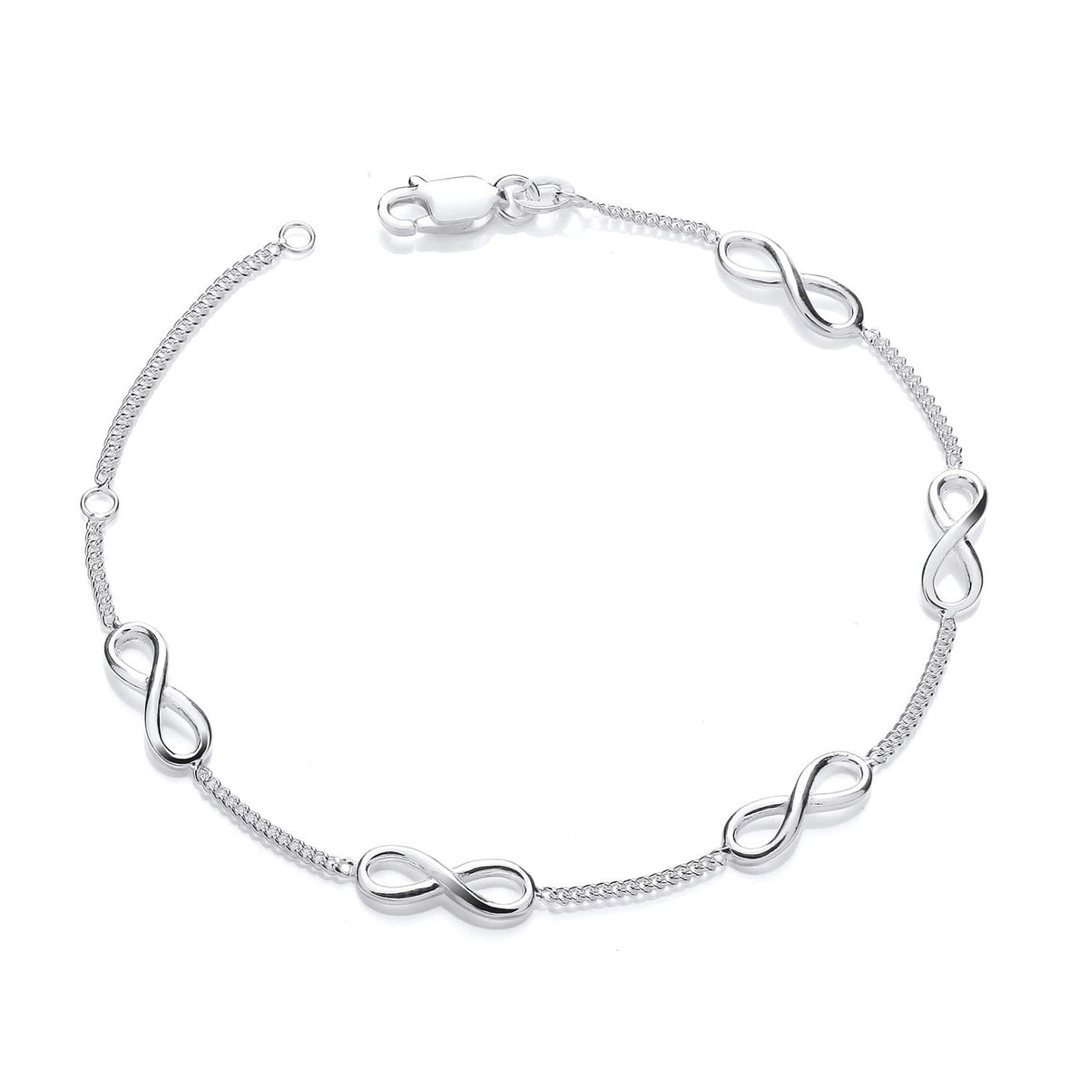 Sterling silver bracelet by Silversmiths with four infinity symbols spaced along a delicate chain.