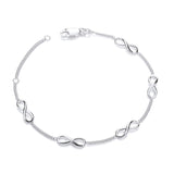 Sterling silver bracelet by Silversmiths with four infinity symbols spaced along a delicate chain.