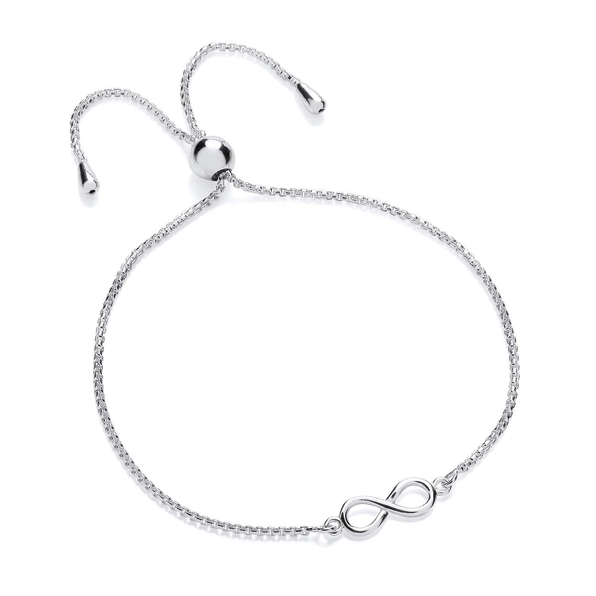 A sterling silver infinity bolo bracelet with a sliding clasp is displayed on a white background.
