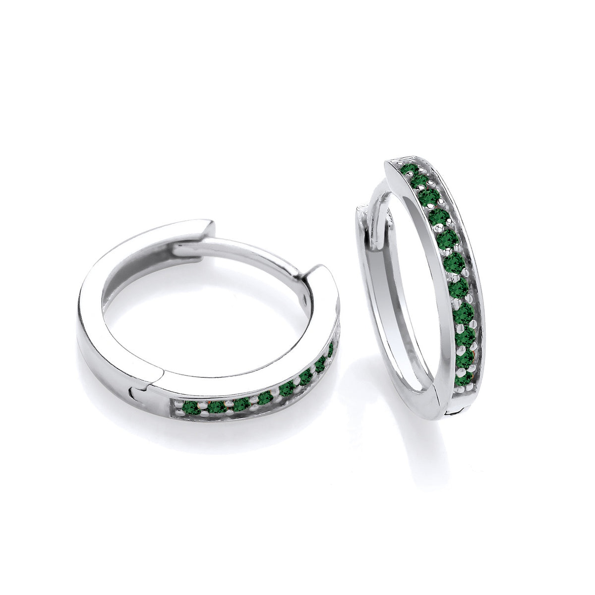 Sterling silver huggie hoop earrings with green simulated emerald stones on a plain white background.