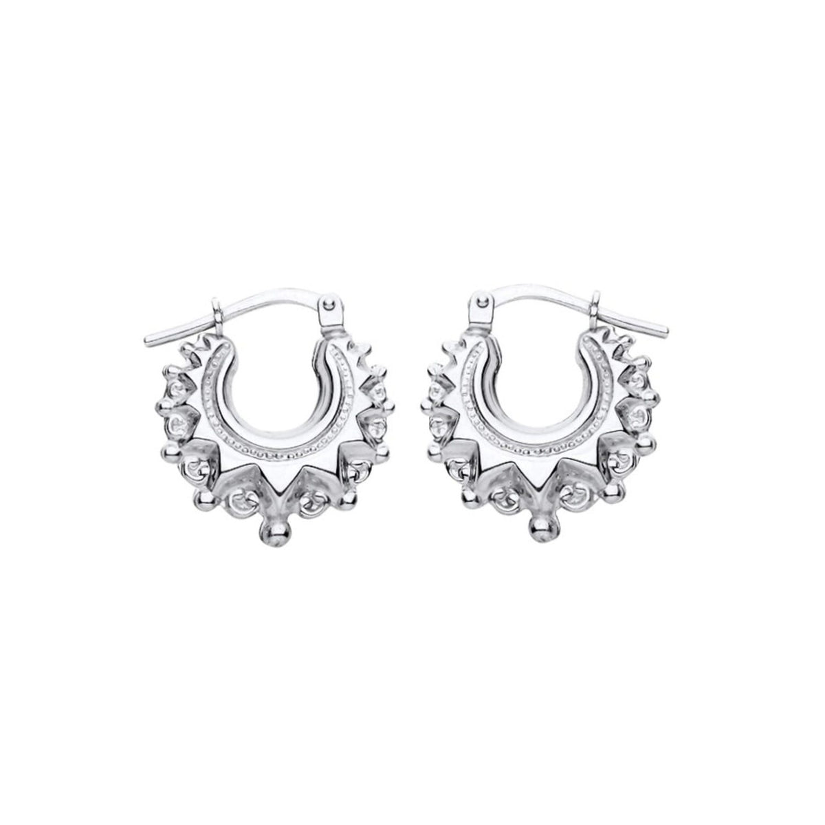 Sterling silver 15mm gypsy creole hoop earrings with spiked design and latch-back closure.