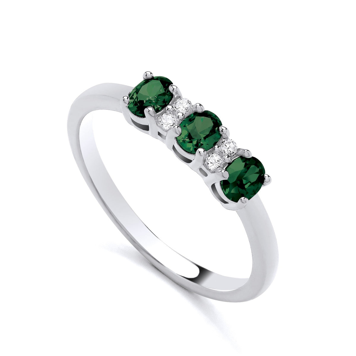 Silversmiths sterling silver ring featuring three simulated emeralds and two cubic zirconia stones.