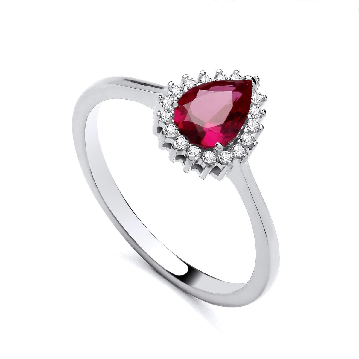 Silversmiths sterling silver ring featuring simulated ruby and CZ stones in a pear-shaped cluster design.