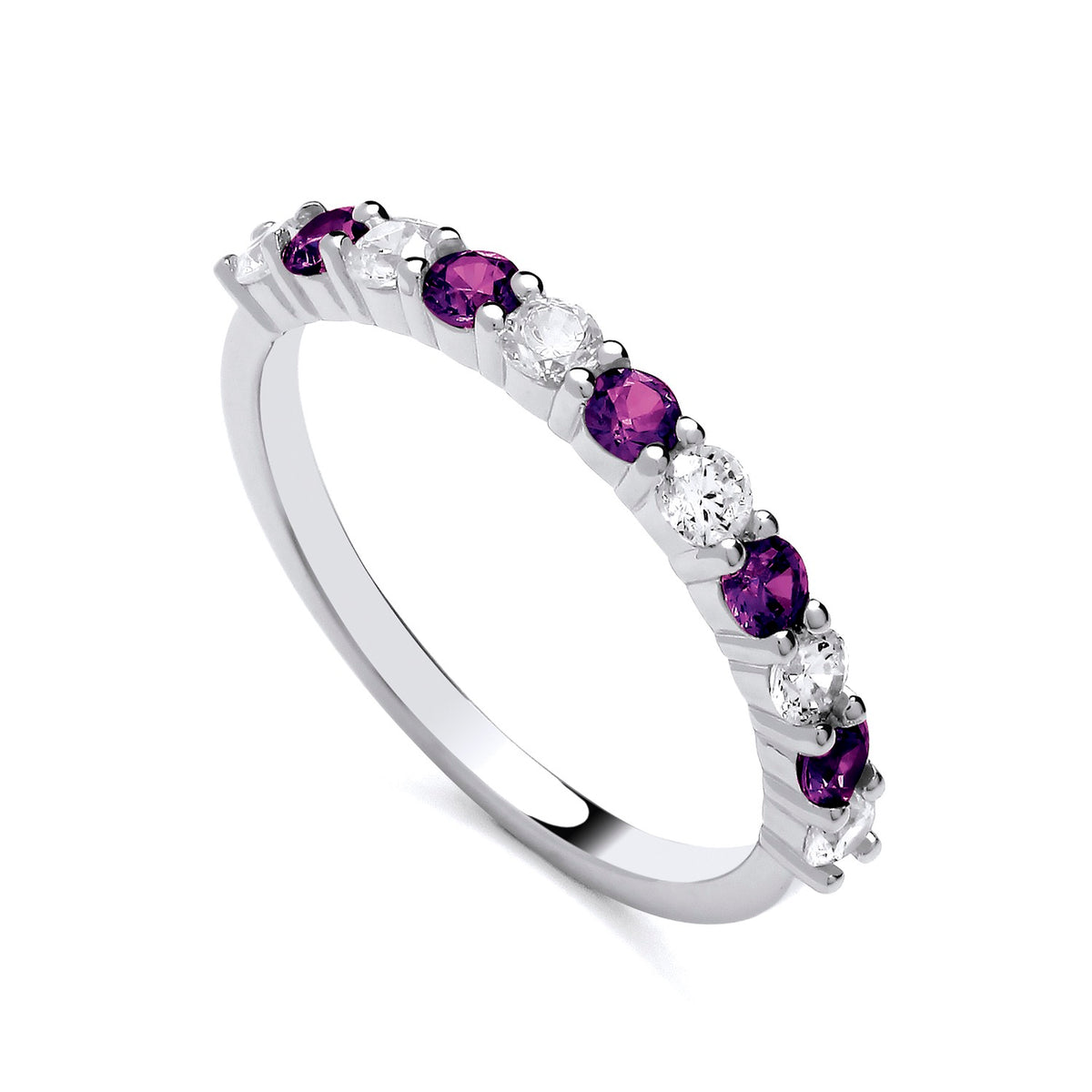 Sterling silver eternity ring featuring simulated amethyst and cubic zirconia stones set around the band.