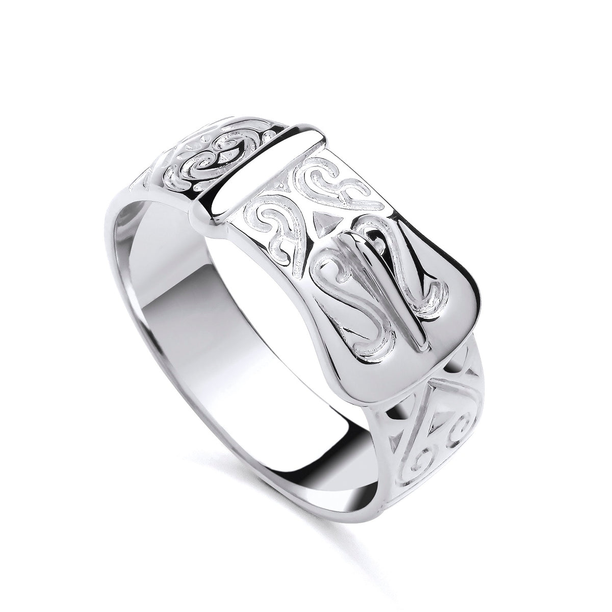Sterling silver buckle ring with swirl engravings along the band and a detailed buckle design.