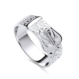 Sterling silver buckle ring with swirl engravings along the band and a detailed buckle design.