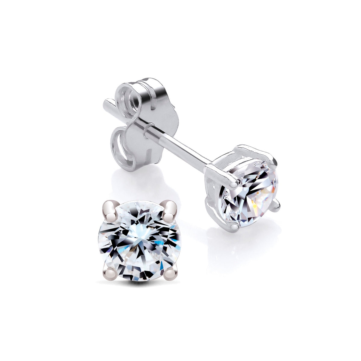 Sterling silver stud earrings with 4mm round cubic zirconia, displayed against a white background.