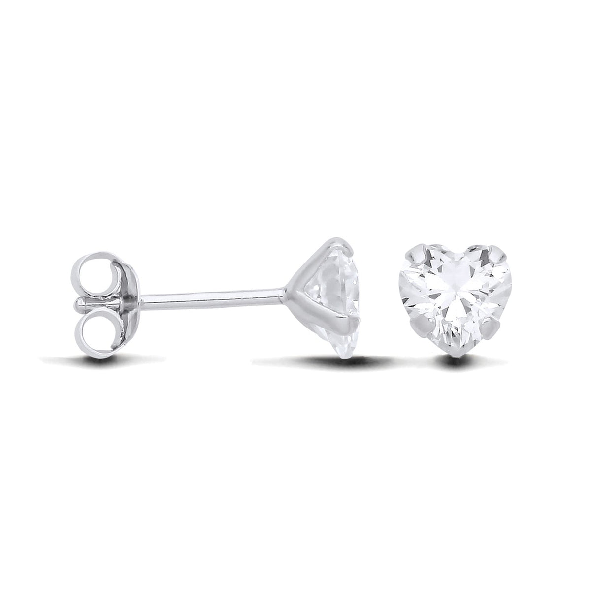 Silversmiths sterling silver earrings with 6mm heart-cut cubic zirconia, shown front and side with butterfly backs.