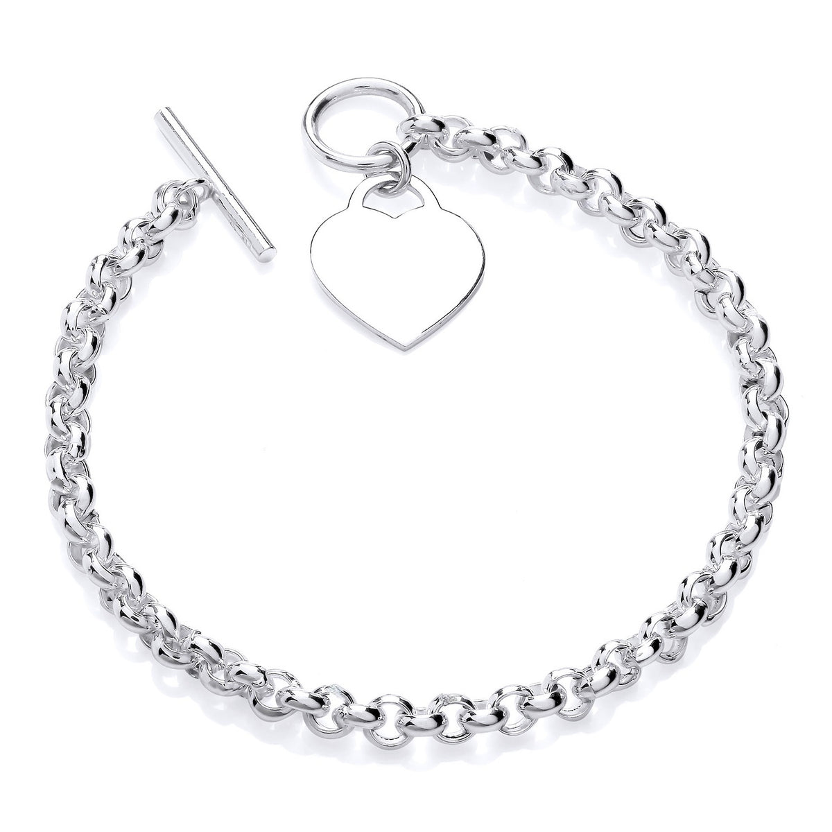 Sterling silver 5.2mm Belcher bracelet with heart charm and T-bar clasp, suitable for engraving.
