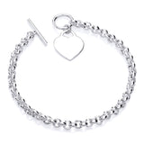 Sterling silver 5.2mm Belcher bracelet with heart charm and T-bar clasp, suitable for engraving.