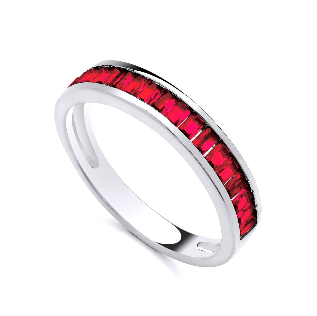 Sterling silver eternity ring by Silversmiths featuring simulated ruby baguette stones set across the top.