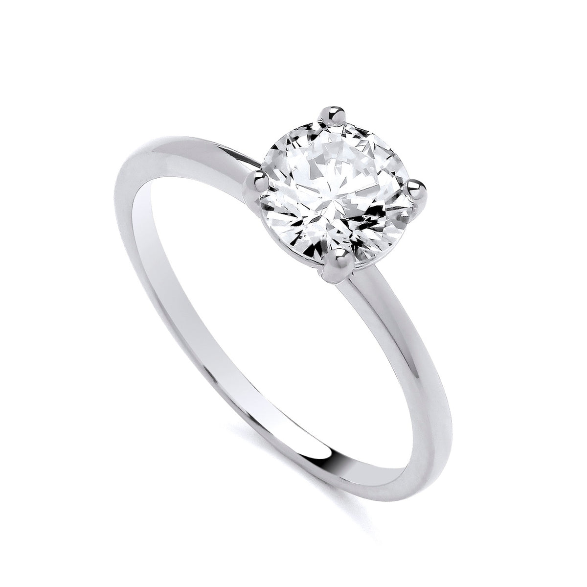 A sterling silver ring with a round cubic zirconia solitaire and a plain band, shown on a white background.