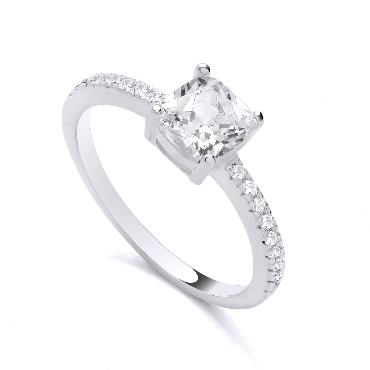 Sterling silver ring features a cushion-cut cubic zirconia solitaire set on a slim, polished silver band.