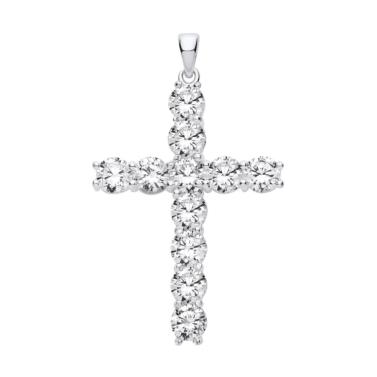 A sterling silver cross pendant with claw-set cubic zirconia is displayed against a plain white background.
