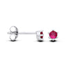Sterling silver stud earrings with simulated ruby solitaires, shown from both the side and front angles.