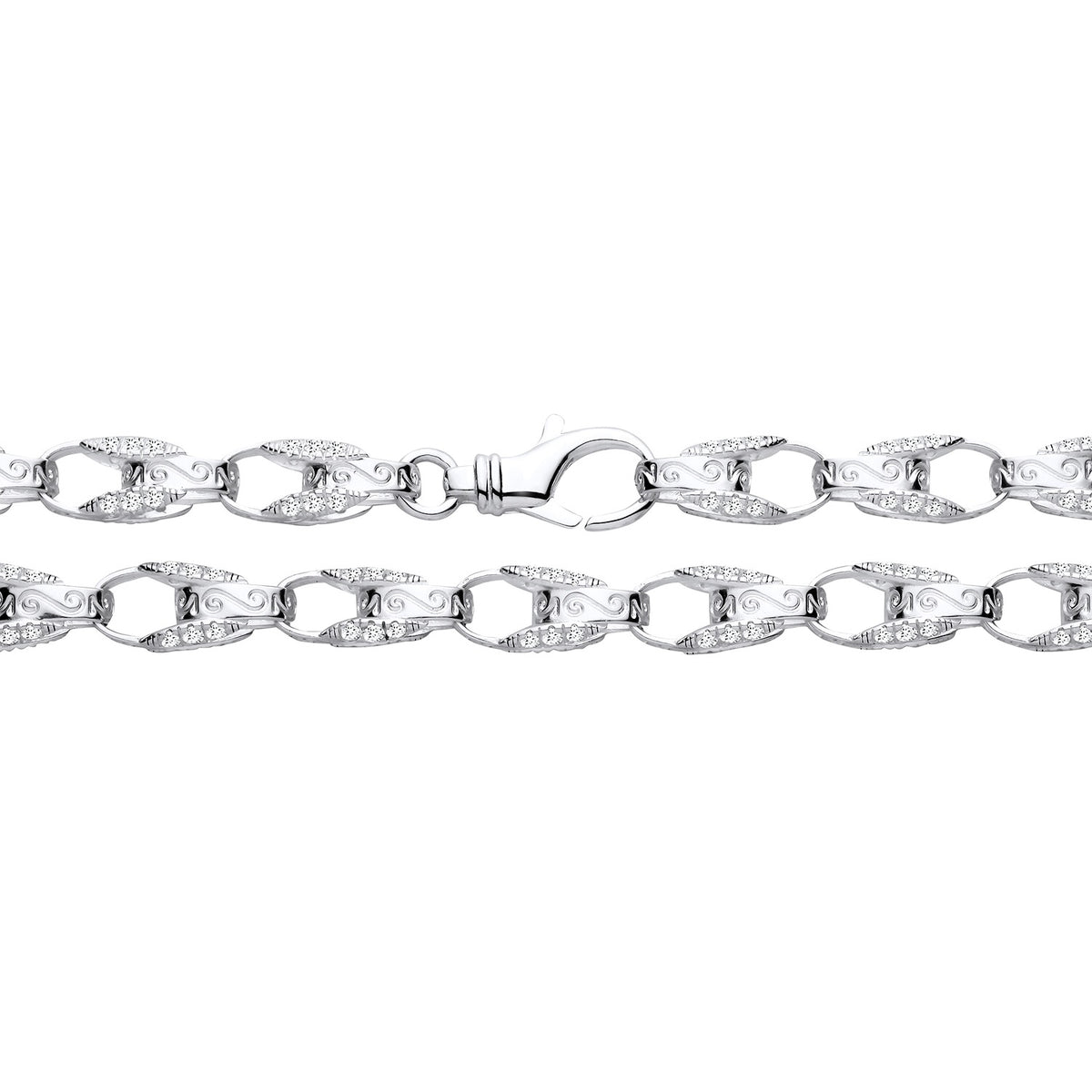 An 8mm sterling silver tulip chain necklace with a cubic zirconia pattern is displayed on a white background.