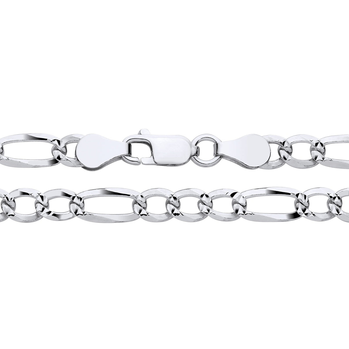 5mm sterling silver diamond cut pavé Figaro chain necklace with lobster clasp and alternating link sizes.