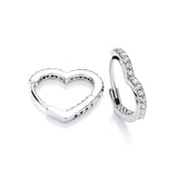 Silversmiths 16mm sterling silver huggie hoops with cubic zirconia heart design on a white background.