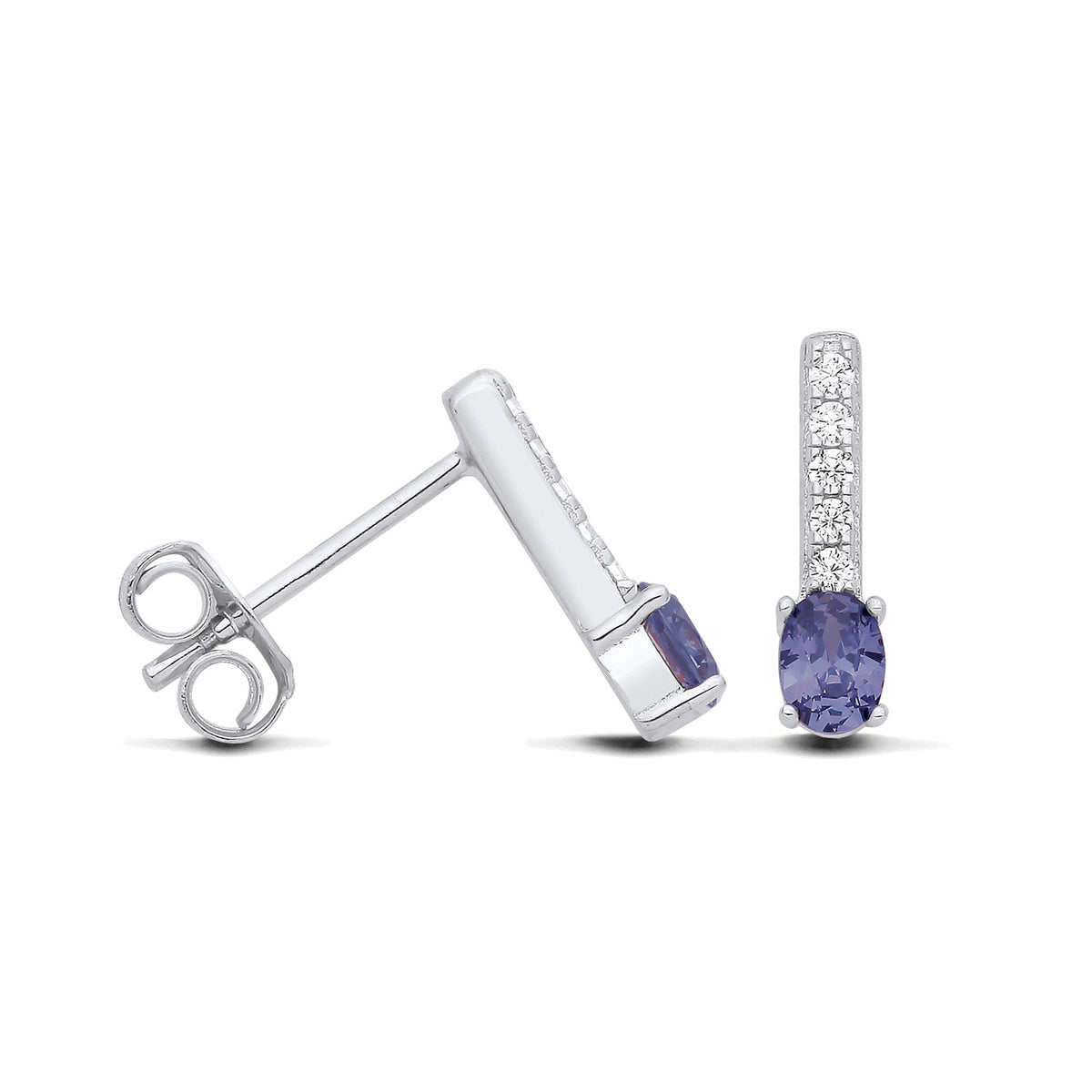 Sterling silver studs with simulated tanzanite and cubic zirconia in a drop design.