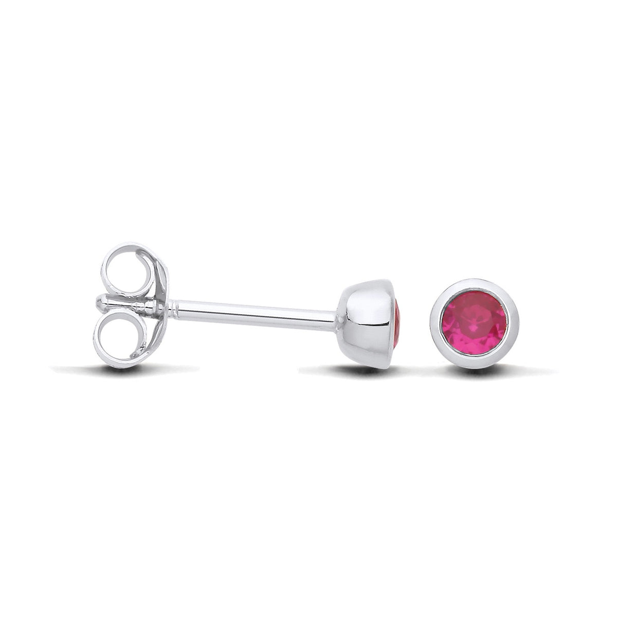 Silversmiths sterling silver simulated ruby stud earrings shown from the side and front against a white background.