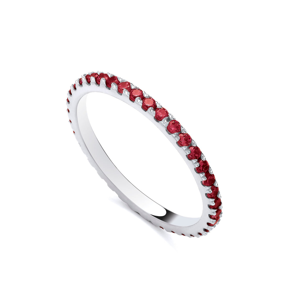 Sterling silver eternity ring by Silversmiths features simulated red rubies set all around the stackable band.