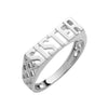 Sterling silver signet ring with the word SISTER and a textured geometric pattern on the sides.