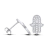 Sterling silver Hamsa hand stud earrings with cubic zirconia, shown from front and side on a white background.