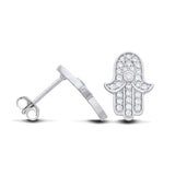 Sterling silver Hamsa hand stud earrings with cubic zirconia, shown from front and side on a white background.