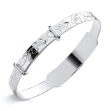 Silversmiths’ sterling silver expanding baby bangle with a floral-patterned ID plate.