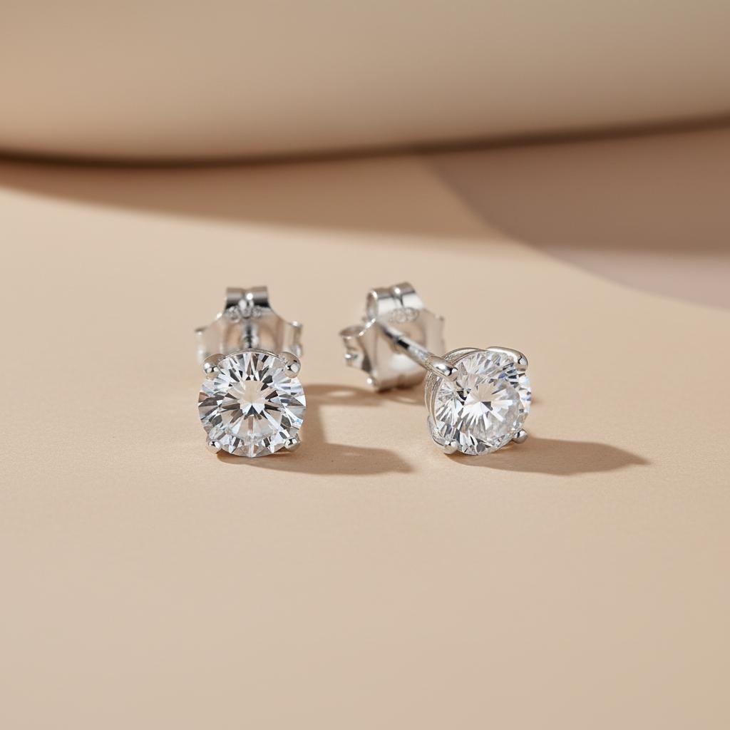 Silversmiths Sterling Silver 5mm cubic zirconia stud earrings rest on a light beige surface.