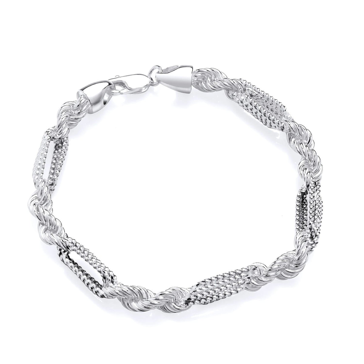 A men’s 6.5mm vintage rope and patterned link bracelet in sterling silver with a lobster clasp is displayed.