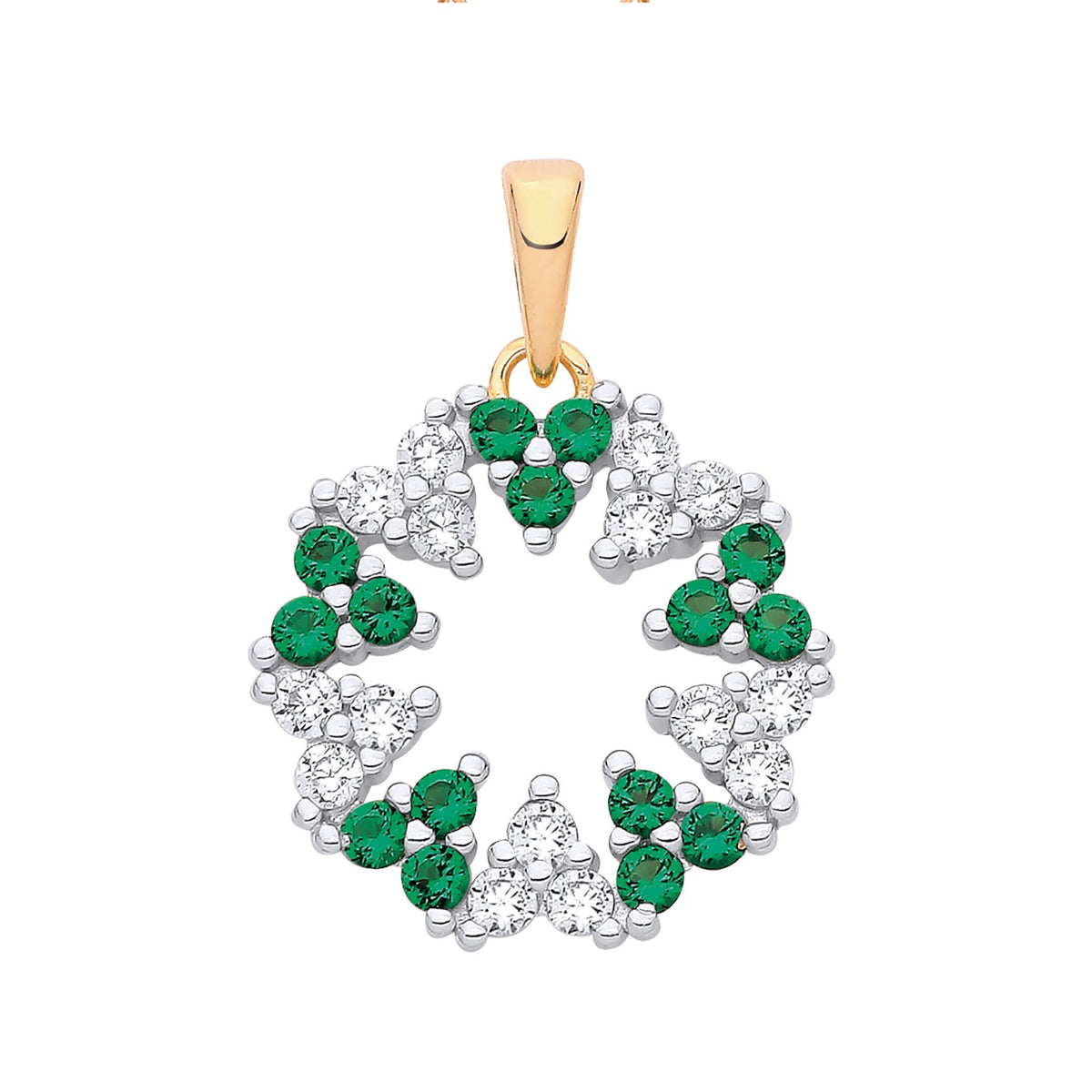 Two tone sterling silver circle pendant featuring simulated emerald and cubic zirconia in a floral wreath design.