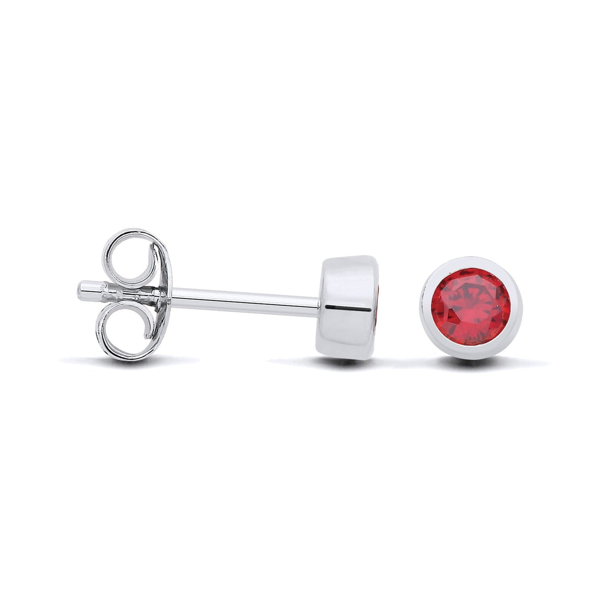 Silversmiths sterling silver stud earrings with simulated garnet, displayed front and side on a white background.