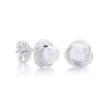 Sterling silver love knot stud earrings with simulated pearls, displayed against a white background.