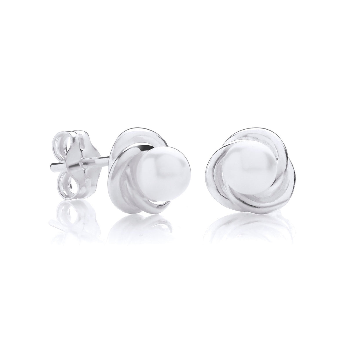 Sterling silver love knot stud earrings with simulated pearls, displayed against a white background.