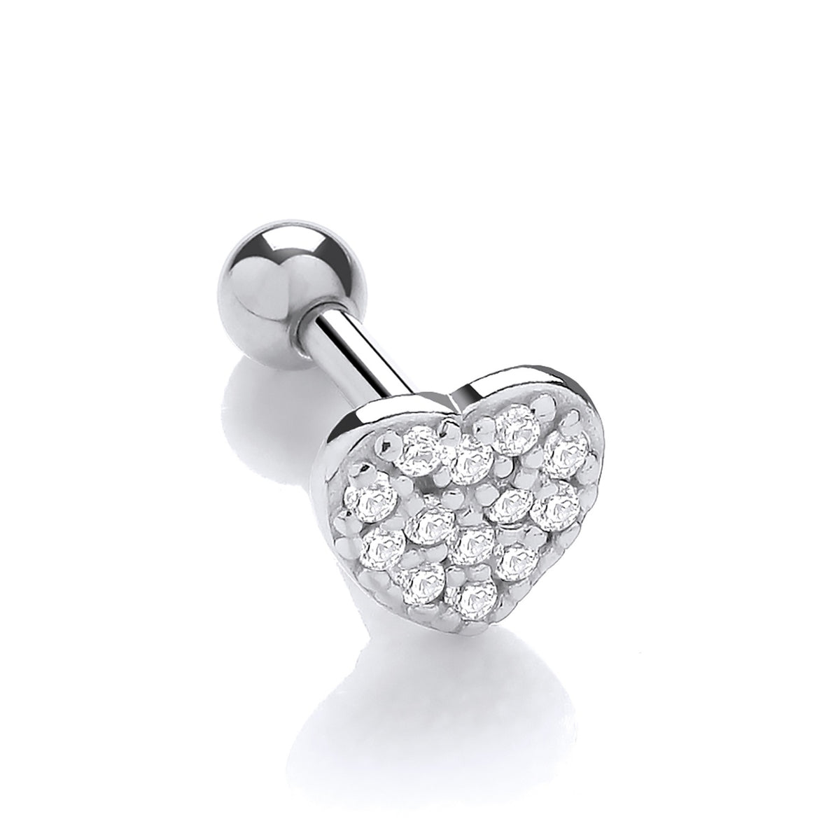 Silversmiths’ sterling silver helix stud features a CZ heart and a 6mm bar.
