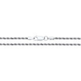 A 2mm sterling silver diamond cut rope chain necklace with a lobster clasp is displayed on a white background.