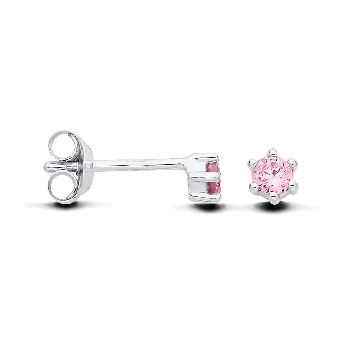 Sterling silver stud earrings with simulated pink topaz in six-prong settings, shown from front and side angles.
