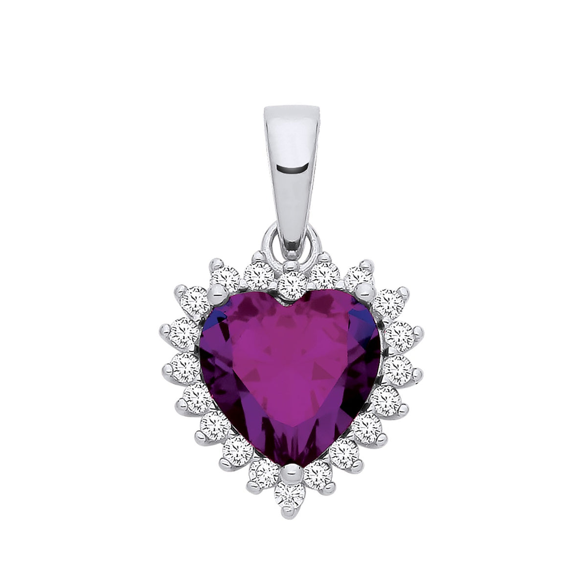 Sterling silver heart pendant with simulated amethyst and cubic zirconia accents in a polished silver setting.