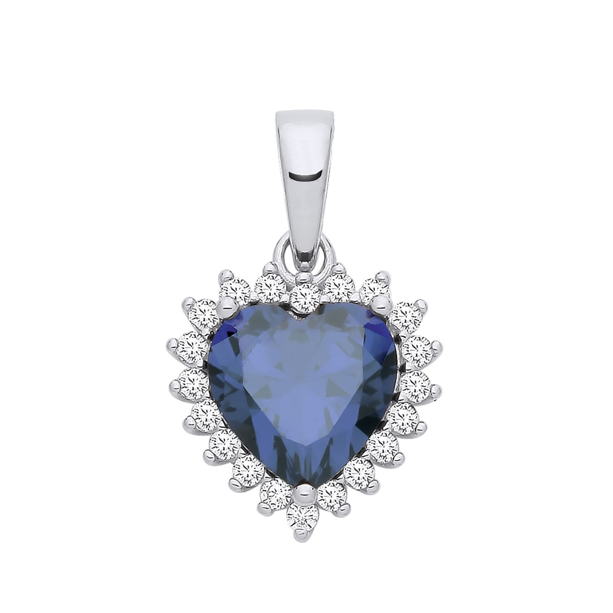 A sterling silver heart pendant with simulated tanzanite and CZ, displayed on a plain white background.