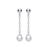 Silversmiths sterling silver earrings feature freshwater pearls on chain drops, displayed against a white background.