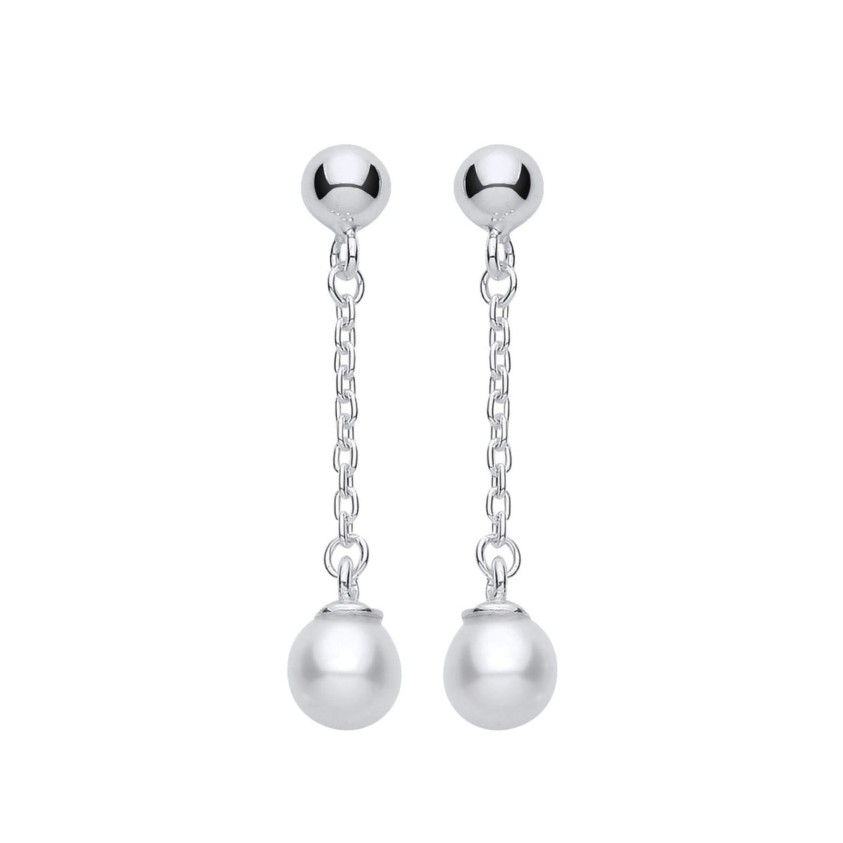 Silversmiths sterling silver earrings feature freshwater pearls on chain drops, displayed against a white background.