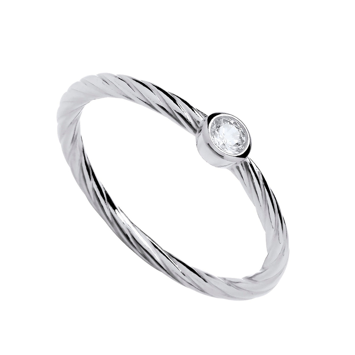 Sterling silver twisted band ring by Silversmiths with a solitaire cubic zirconia in a simple bezel setting.