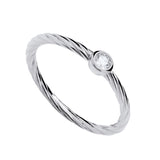 Sterling silver twisted band ring by Silversmiths with a solitaire cubic zirconia in a simple bezel setting.