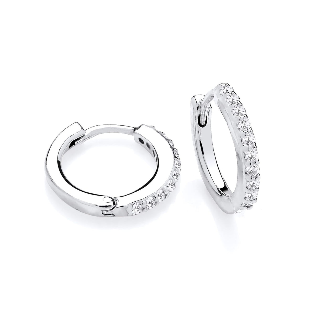 Sterling silver huggie hoops set with cubic zirconia, featuring a classic and simple design.
