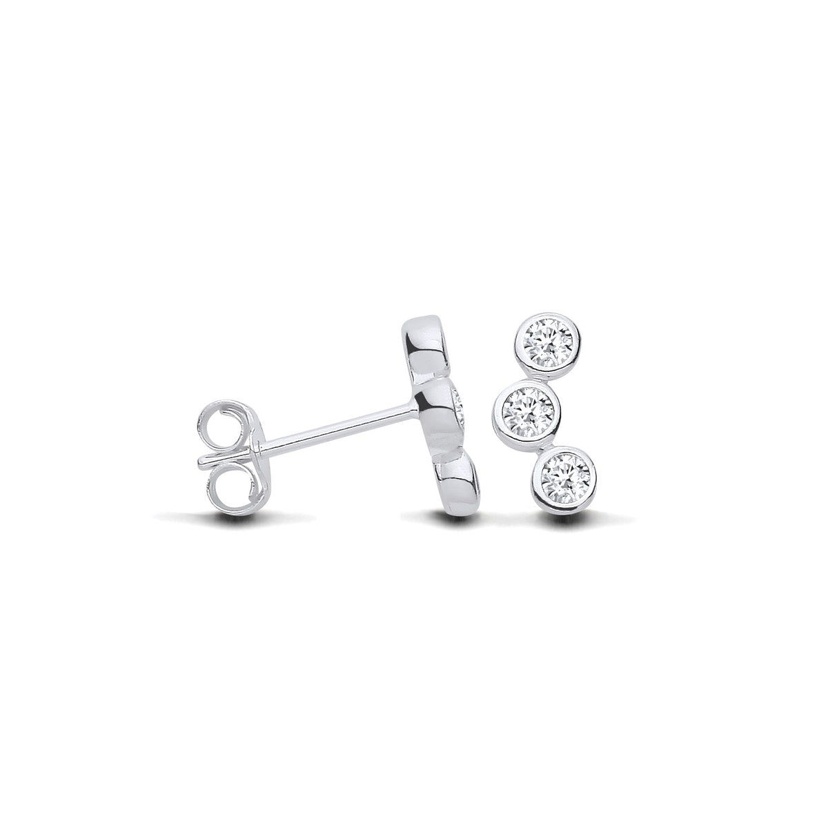 Sterling silver 9.75mm stud earrings with three cubic zirconias set vertically in a curved design.